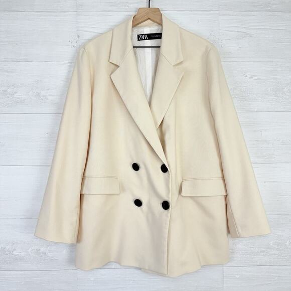 Zara Womens Oversized Double Breasted Blazer Size Large Ecru Academia Preppy - Picture 12 of 16
